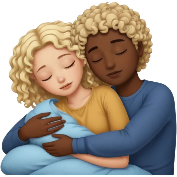blonde girl and dark skin boy with curly hair sleeping and cuddling emoji
