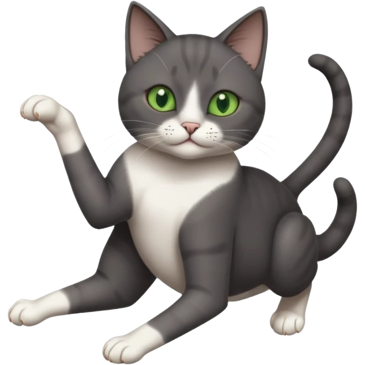 dark grey cat with green eyes, white toes/paws and white patch on her chest playfully rolling upside down emoji