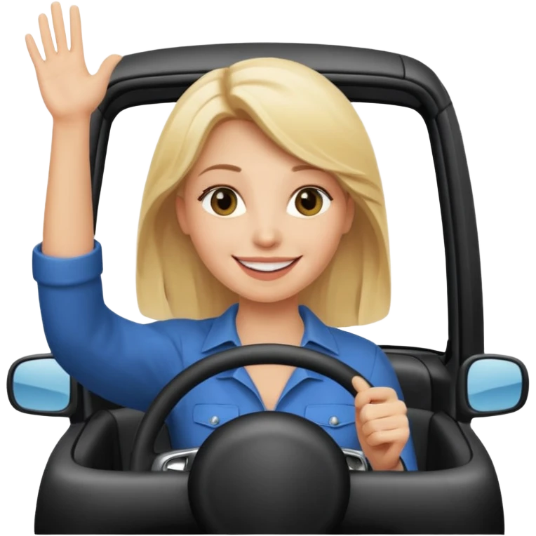 blonde woman driving car. one hand up Happy face confidence emoji