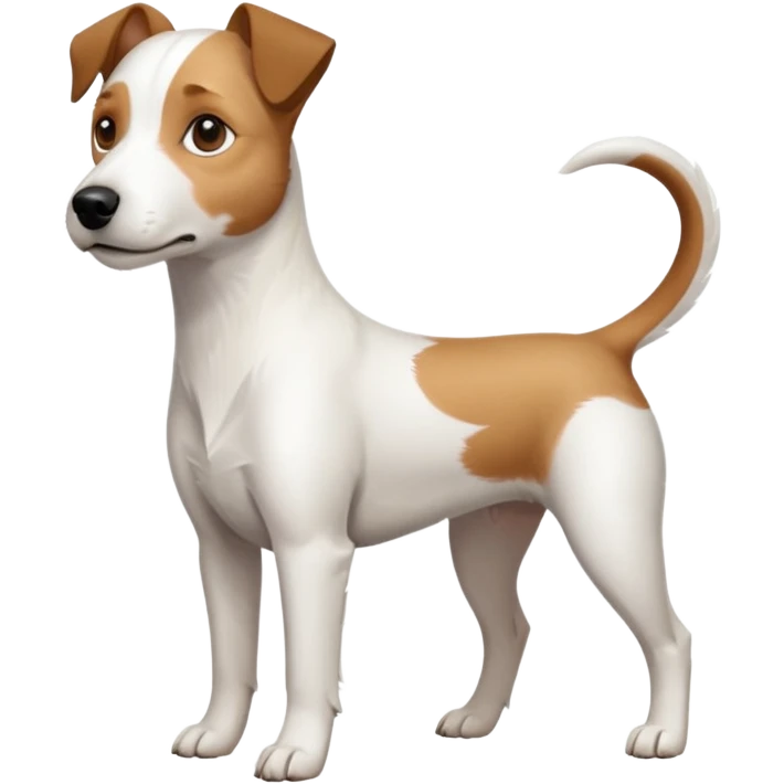 a full body slightly chubby white parson russell terrier looking dog the size of a kelpie with light brown long ears and a light brown patch on one eye and a large snout. the rest of the dog is completely white. forward facing emoji