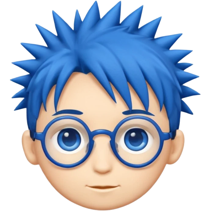 emoji style illustration of a chibi head inspired by
1,
big blue eyes, round glasses,
spiky dark blue hair,
cute flat emoji style,
simple clean lines,
white background,
high quality,
only head, no body emoji