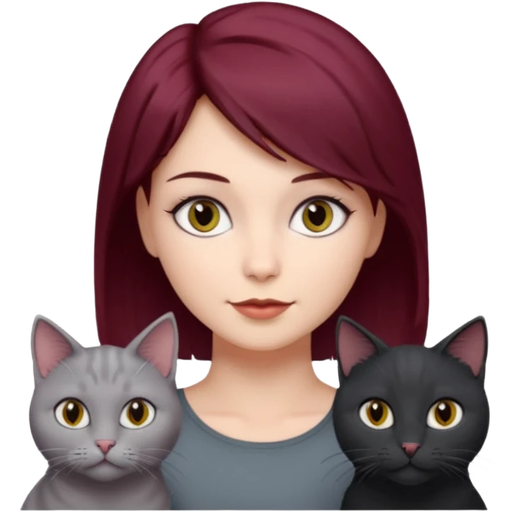 femme au cheveux court bordeau, yeux gris,  avec chat poils longs gris clair et chat poils ras noirs emoji