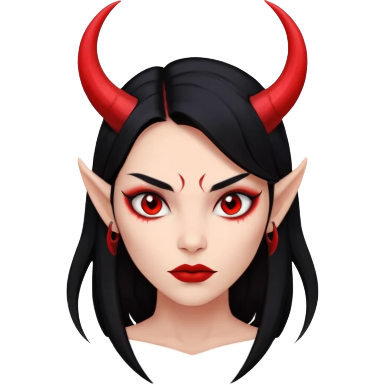 Head only demon girl, strong pronounced cheekbones, sharp angular jawline, skin fully pure red everywhere, long straight sleek black hair, small ho emoji