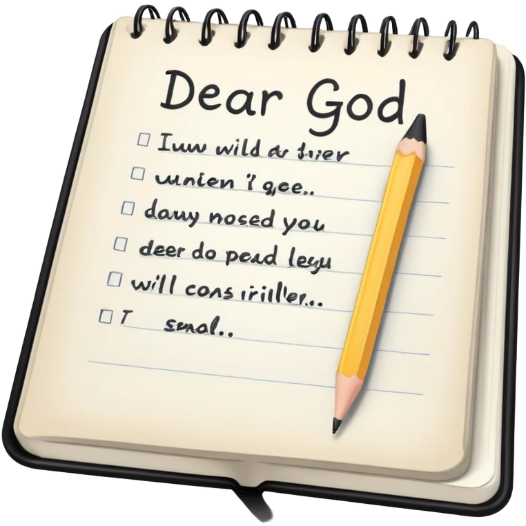 Open notebook with "Dear God" written at top of page and pencil beside it emoji