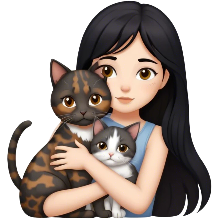 girl with black hair hugging three cats  (tortie cat, gray cat, brown calico cat) emoji