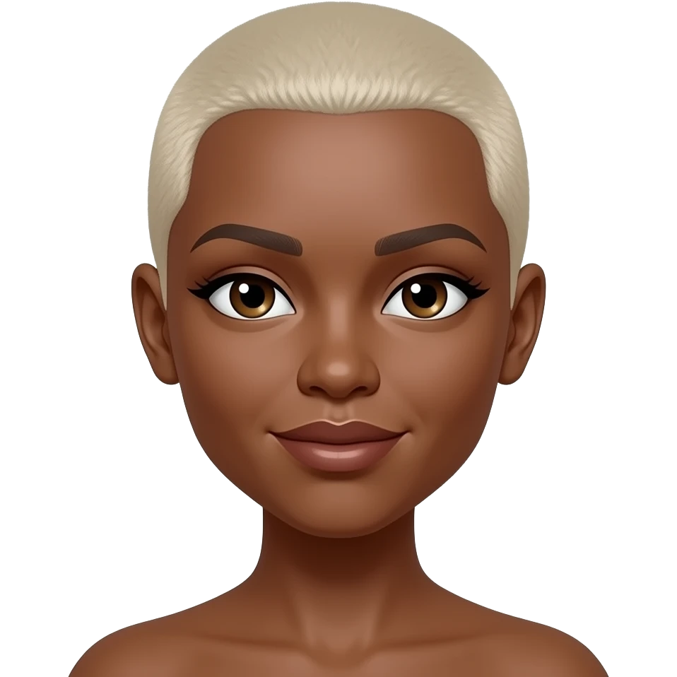 Black woman with a to the scalp hair cut shorter much shorter. Very very short almost bald still to long.a platinum blonde color and a copper color skin tone no blonde eyebrows , pjease emoji