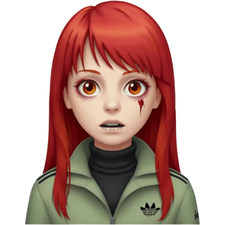 Crie um emoji de uma menina zumbi  com o cabelo vermelho longo com uma franja reta casaco de gola alta da adidas emoji