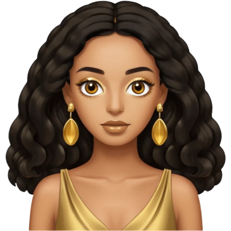 Solange brown eyes, black long hair, gold dress with earrings emoji