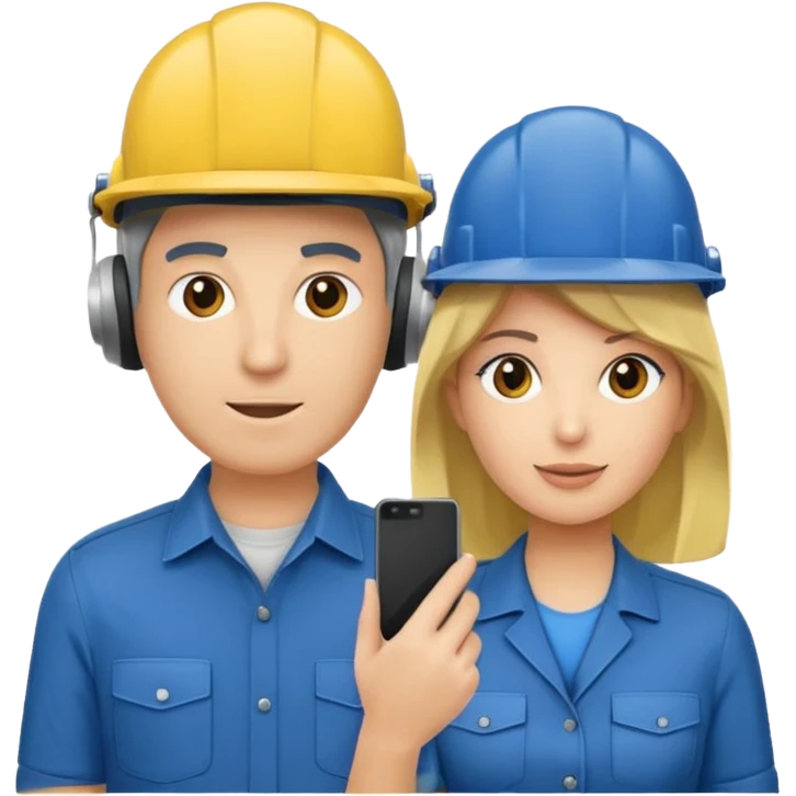 Um homem e uma mulher amarelos com capacete azul escuro e camisa social cinza. Um deles deve estar segurando um megafone  emoji