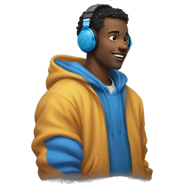 Young Man Wearing oversized blue headphones and a cozy hoodie, he looks ahead with an open expression. His headphones frame his face, as he immerses himself in the vibrant world of sound. emoji