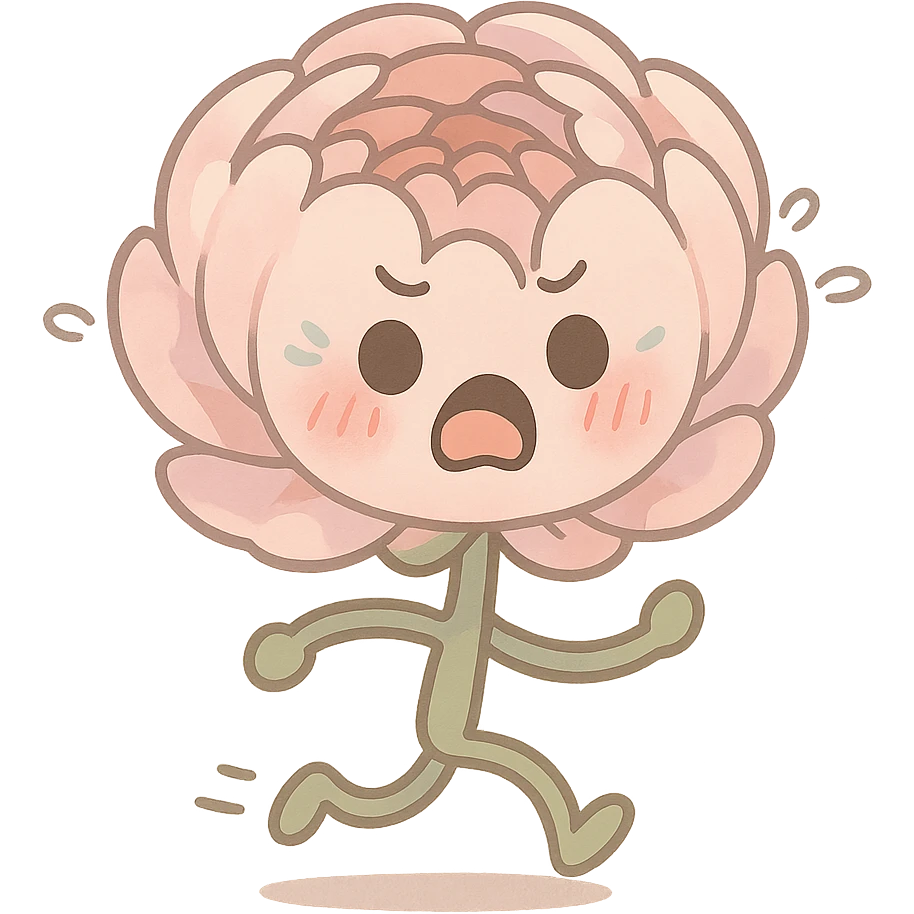 chibi round pastel pink peony flower, blushing cheeks, panicked face, running with tiny legs, full-body, pastel tones emoji