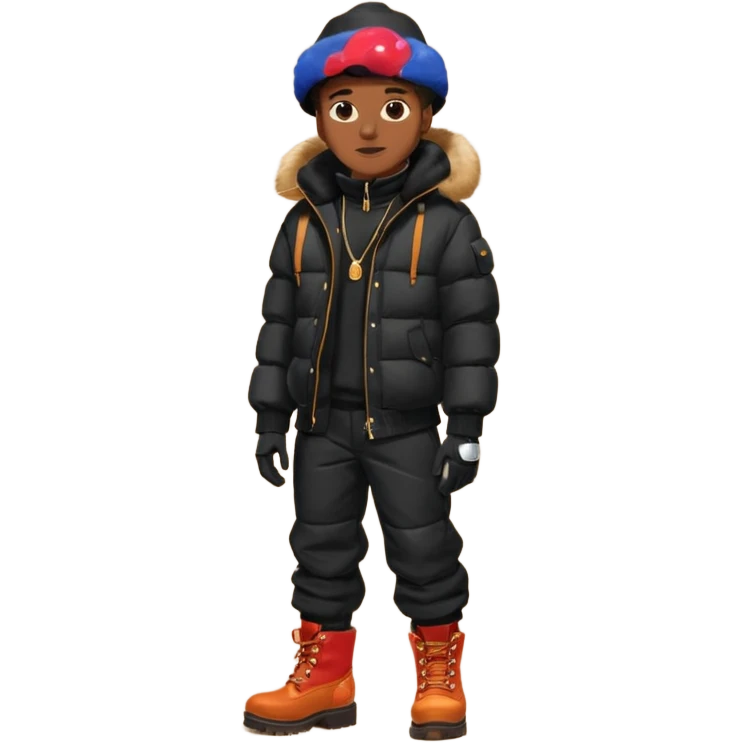 Handsome Black grown man with brown skin tone, wear black joggers, a black bubble coat with a fur brim on the hood, and buckwheat timberland boots, and black gloves emoji