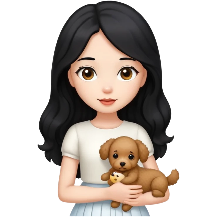 A beautiful girl with long straight black hair wearing a white skirt holding a small brown curly teddy dog emoji