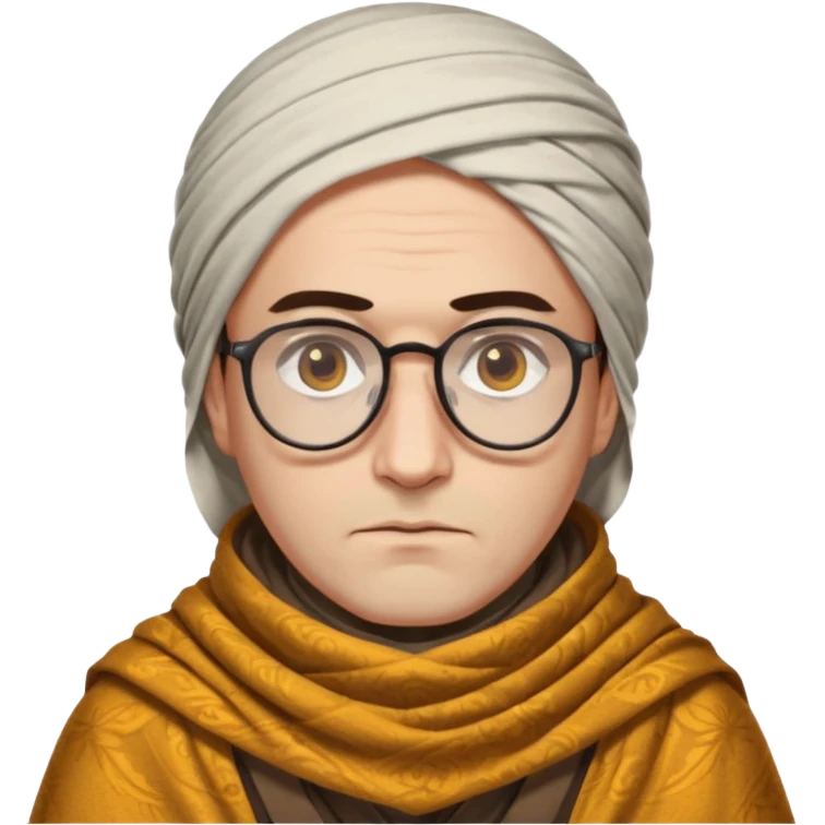 A kashmiri  criminal daku whose white face is somewhat triangular and  wears specs and has brown golden eyes with emoji