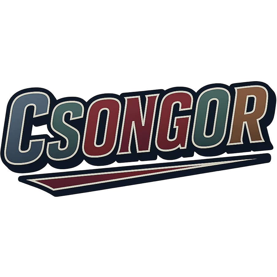 Csongor name in masculine, modern gradient font with dark contour, thin and clearly visible white border around letters, dynamic slanted underline, masculine color shades (blue, gray, burgundy, green, brown), 1000x1000 px, PNG, transparent background, in the style of the uploaded Attila sample. emoji