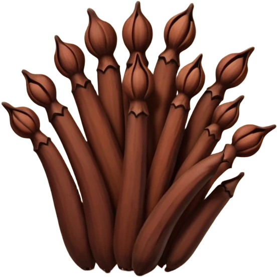 loose scatter of whole cloves, deep brown color, distinctive nail-like shape with rounded heads and tapered stems, dry woody slightly ridged texture, subtle color variations from dark mahogany to reddish brown, soft lighting, subtle shadows, emoji scale emoji