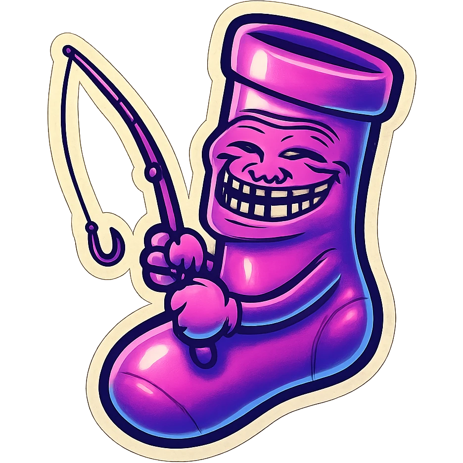 A neon-purple sock with a trolling face, holding a fishing rod, representing trolling or baiting. emoji