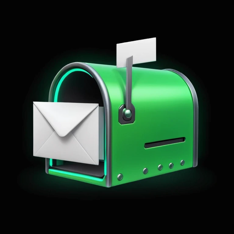 green mailbox robot icon, neon glow, black background, white envelope with code inside, centered, cyberpunk style, futuristic UI

 emoji