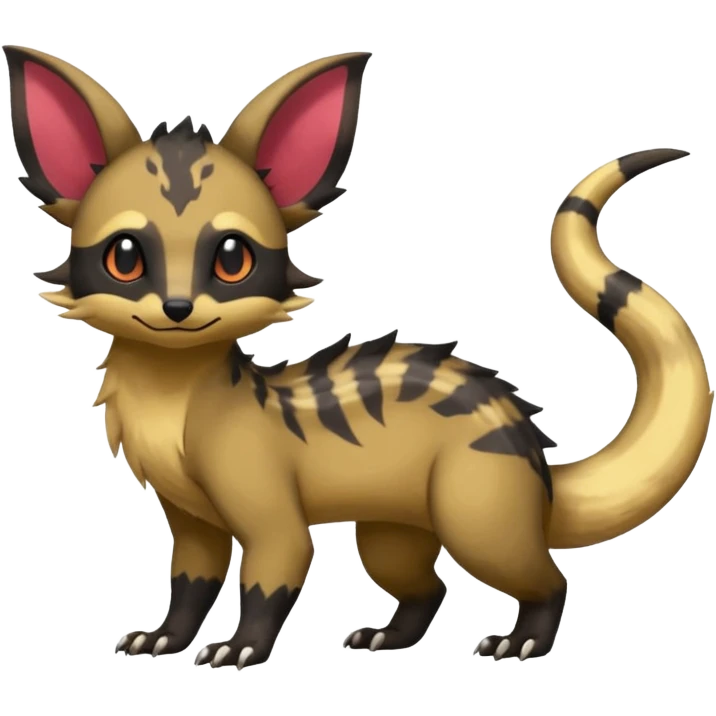 Rare warm-colored exotic cute epic aesthetic colorful Salandit-Eevee-Civet-species-Fakemon-hybrid-creature, with markings, full body emoji