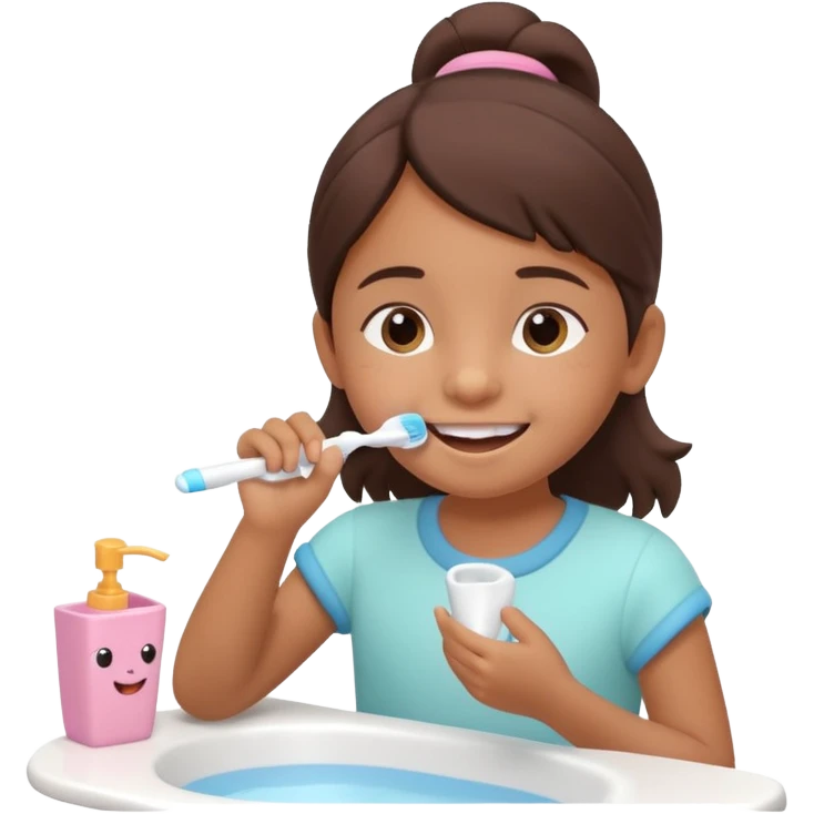 little brown girl brushing her teeth, pastel portrait, bright nourishing morning atmosphere, soft focus, isometric 3d plush emoji
