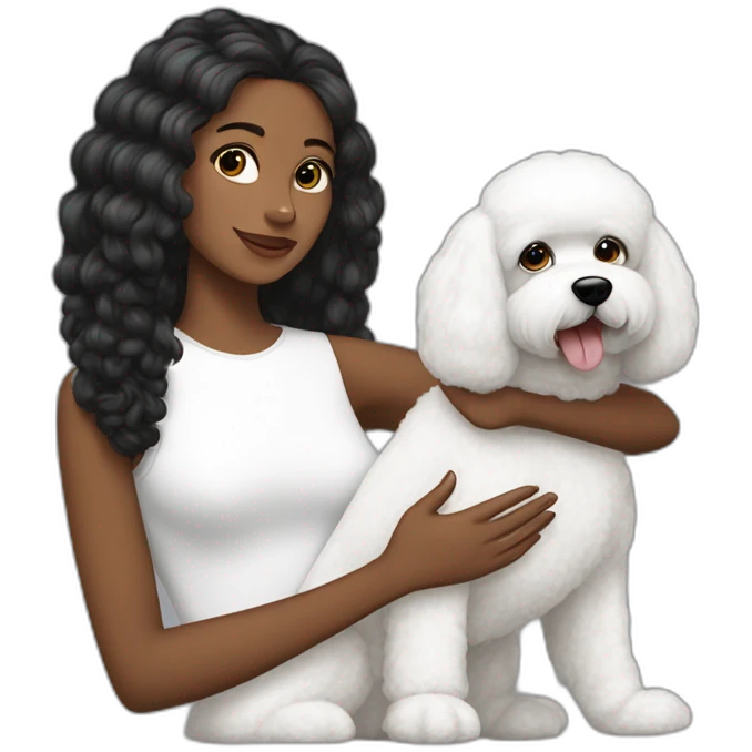 mujer pelo negro largo y perro bichon blanco emoji