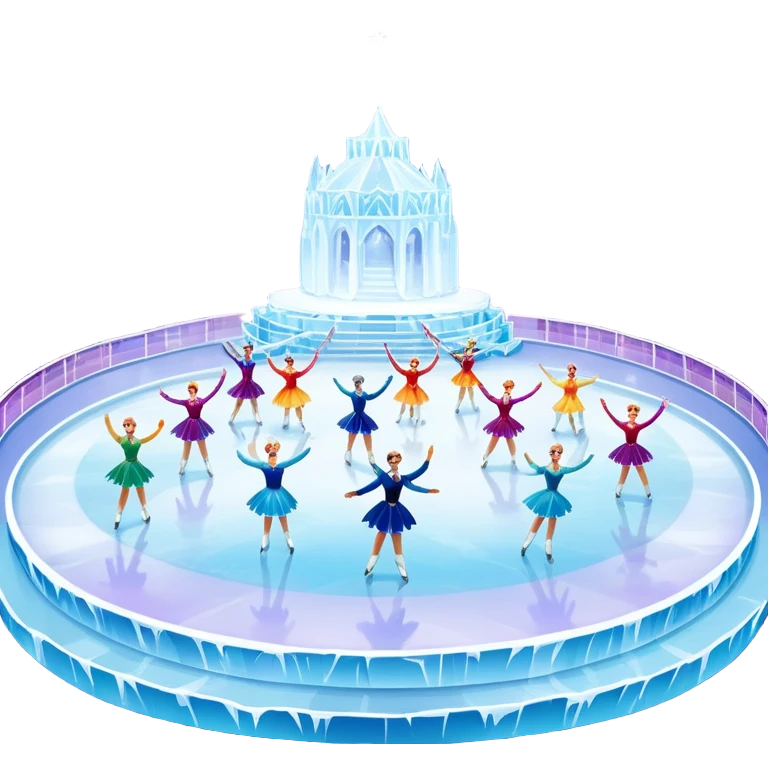 An icon of a theatrical ice show with close-up costumed figure skaters performing a dramatic scene on a glowing ice stage. Spotlights, colorful scenery, and a cheering audience in a grand arena convey the magic and artistry of the ice performance. Transparent background included. emoji