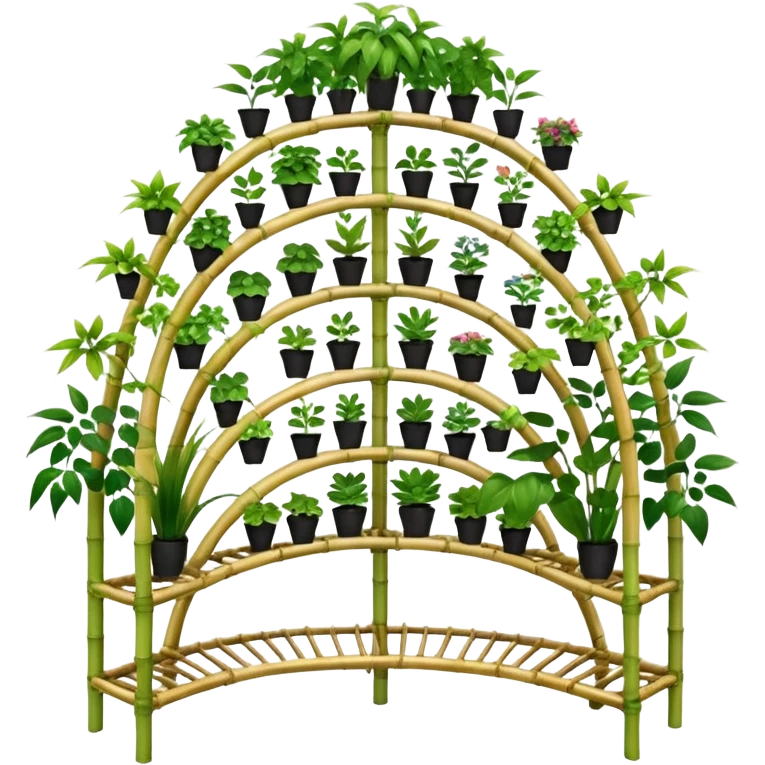 Very Large alien-futuristic multi-tier multi-level curved plant rack, which holds thirty-five plants, constructed from 7/8ths of an inch thin vining bamboo poles  emoji