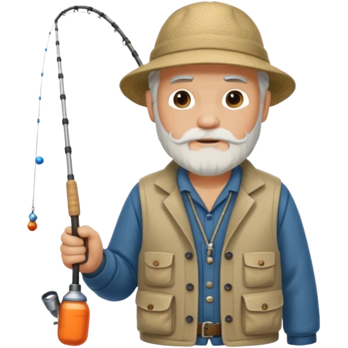 an old white haired, bearded man in fisherman attire, sat in a big boat on the ocean, holding one fishing rod in one hand, with the end of the fishing line touching the water emoji
