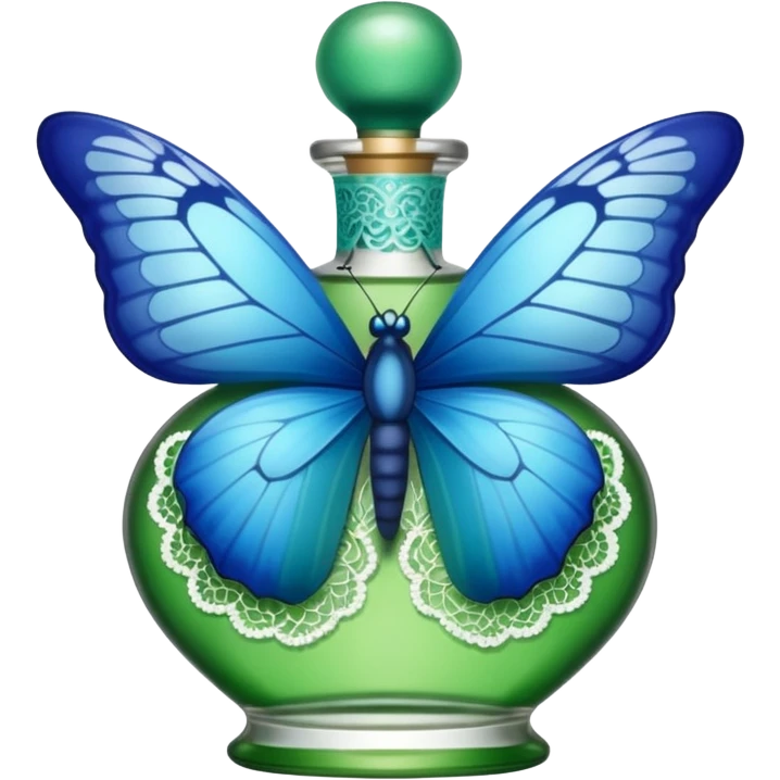 single blue butterfly on the edge of a green perfume bottle with lace details emoji