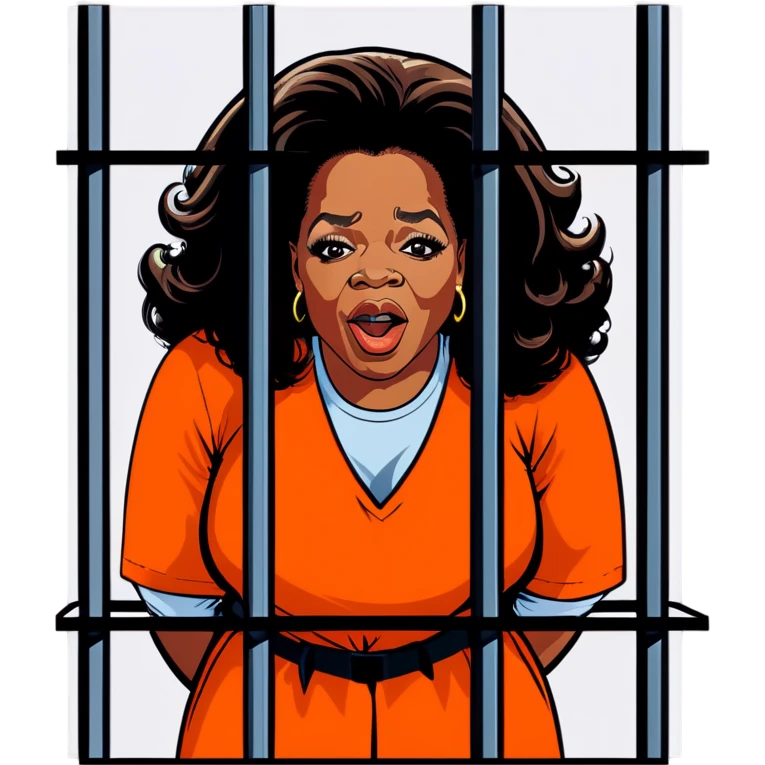 Oprah Winfrey in jail wearing an orange jumpsuit behind bars make her look sad put her in a jail cell more realistic emoji