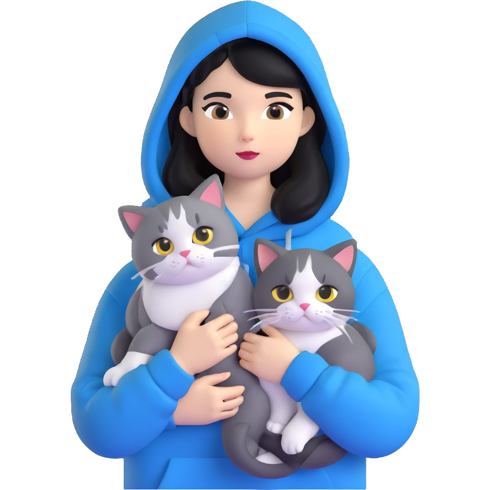 Girl with black hair in gray hoodie with a British shorthair blue and white cat and a long-haired blue and white cat emoji