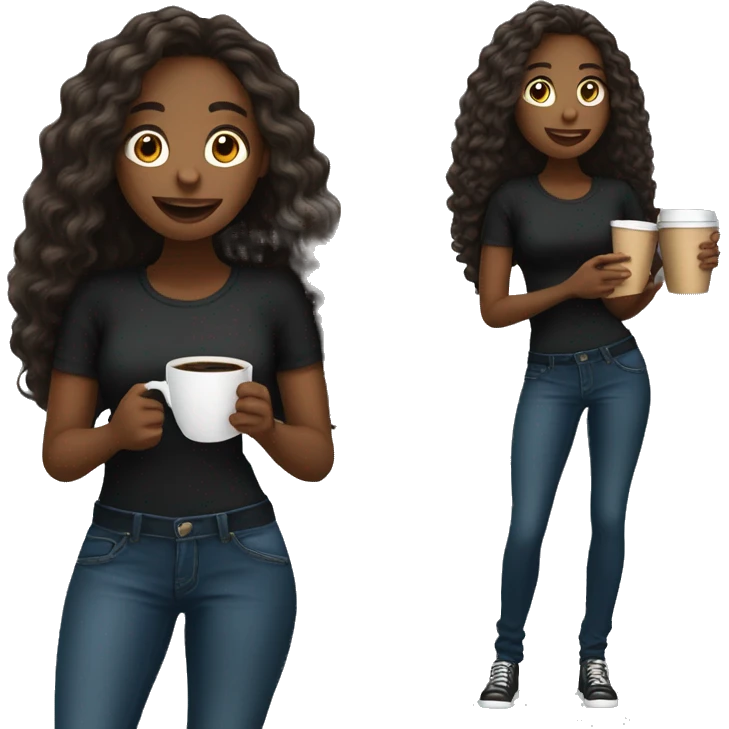 African American female with long hair talking on cellphone and holding a coffee wearing black shirt and jeans full length  emoji