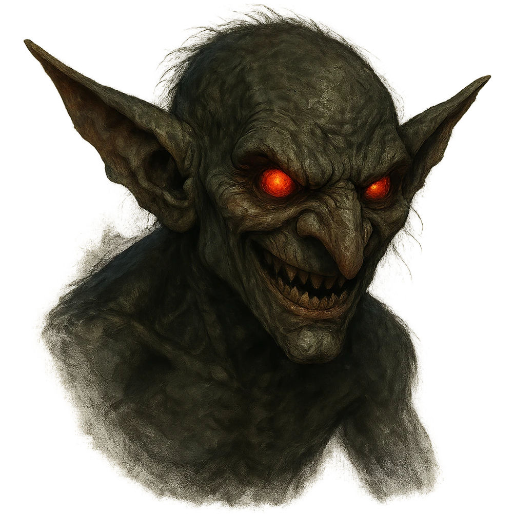 evil goblin, glowing red eyes, sneering face, fantasy style emoji