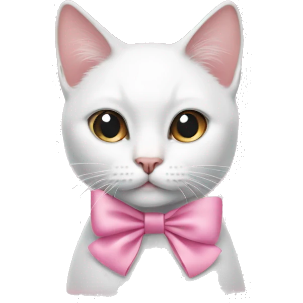 White cat wearing a pink aesthetic bow on her left ear. emoji