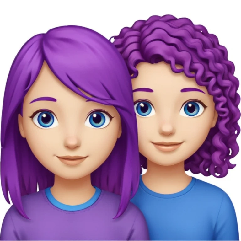 Two girl, best friends, one with purple straight hair and blue eyes, the other with curly brown hair with highlights and brown eyes emoji