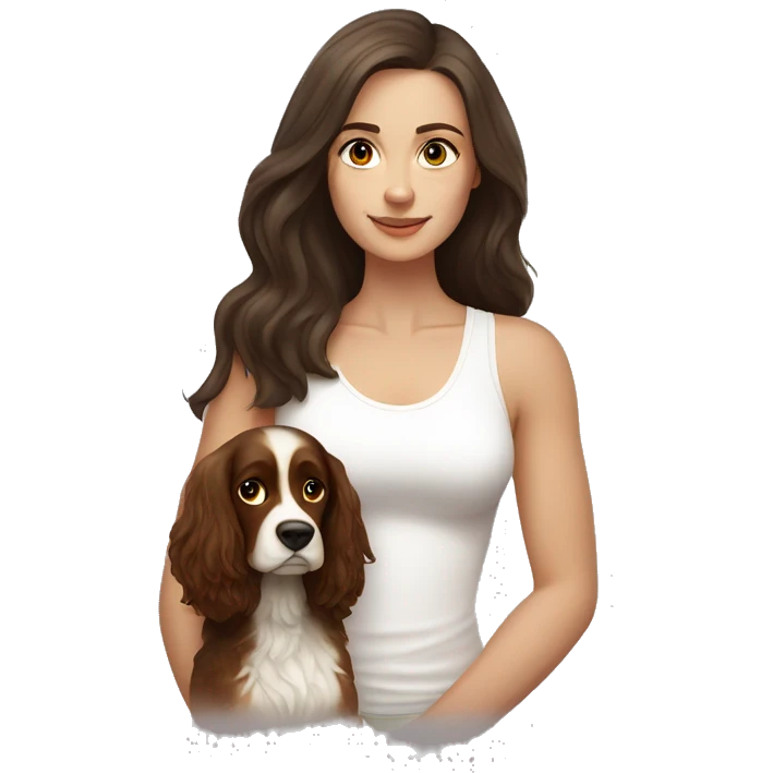 Russian woman with long dark brown hair in a white singlet sits with ocker spaniel emoji