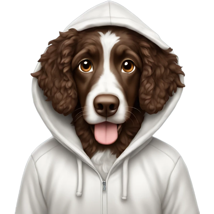 Solid chocolate Aussie doodle in a white hoodie with the hood up emoji
