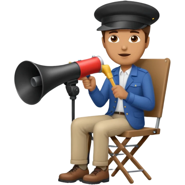 director man with a megaphone, wearing a director's hat, on a director's chair emoji