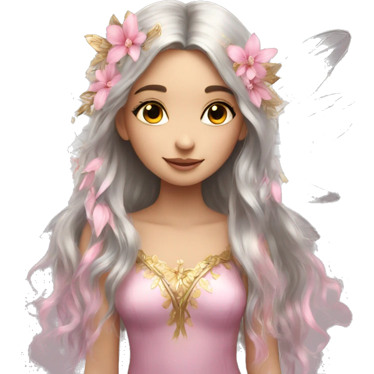 Beautiful, flower, fairy, pink, silver, gold, long hair, wings emoji