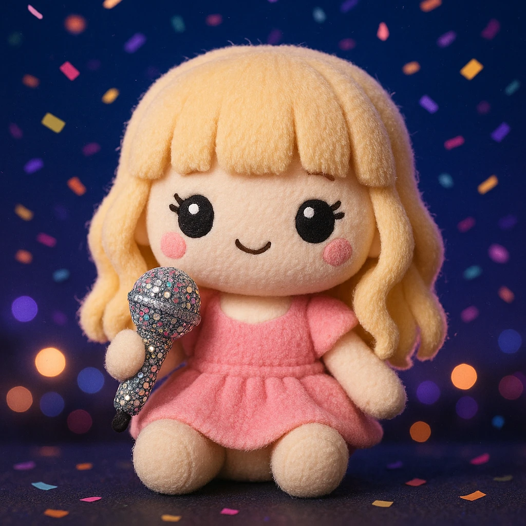 Pretty and girly Blonde pop star with bangs, holding a bedazzled microphone, reimagined as a soft kawaii plushie doll, with a nighttime concert backdrop with colorful confetti emoji