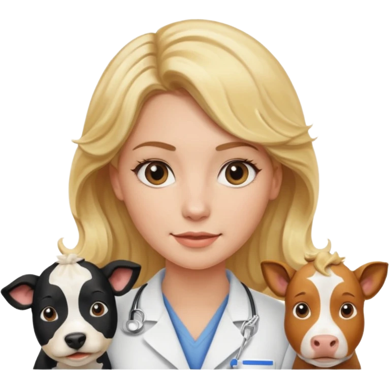 Joven mujer, de cabello bajo los hombros rubio con ondas, veterinaria de perros, vacas y caballos emoji