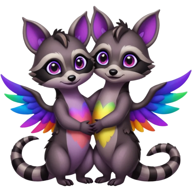 2 black female raccoon dragon hybrids with rainbow colored wings and purple eyes hugging emoji