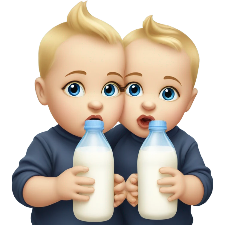 Two fat blue eyed baby twins drinking milk and doing duck lips emoji