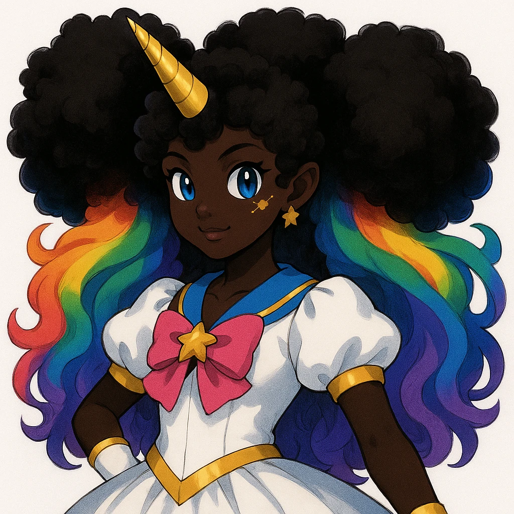 Change the character's skin to a deep black tone and give her fluffy, voluminous hair while keeping the rainbow hair, gold unicorn horn, blue eyes, and star freckles. Maintain the original style and details. emoji