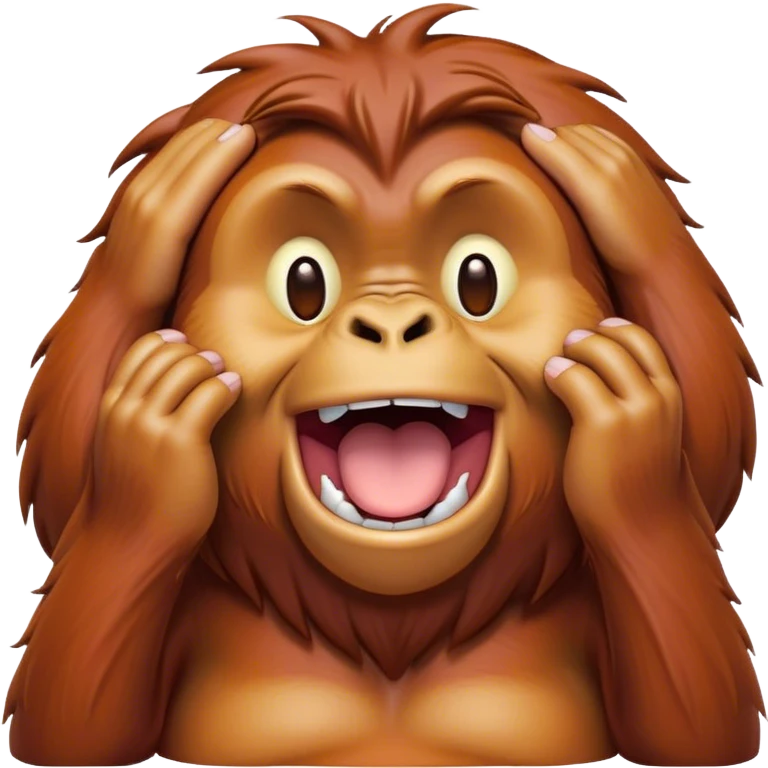 Cinematic Cute Yawning Orangutan Portrait Emoji, Head tilted slightly with a dramatic, wide-open yawn, showcasing a richly textured face with half-closed, sleepy eyes and a relaxed, open expression, Simplified yet irresistibly adorable features, highly detailed, glowing with a soft, cozy jungle glow, high shine, relaxed yet expressive, stylized with a dash of whimsical charm, soft glowing outline, capturing the essence of a drowsy yet affectionate guardian that appears ready to stretch out for a nap! emoji