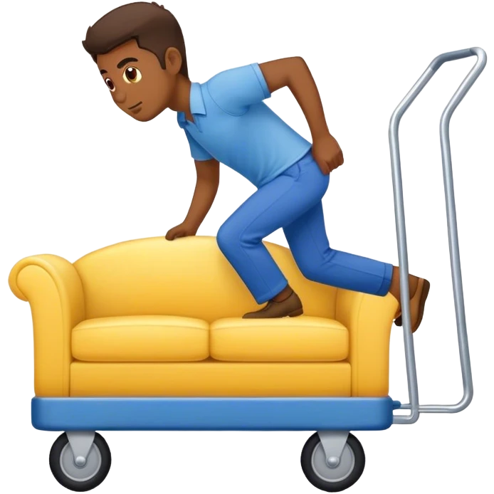 man in blue pants and yellow shirt moving a sofa on trolly emoji