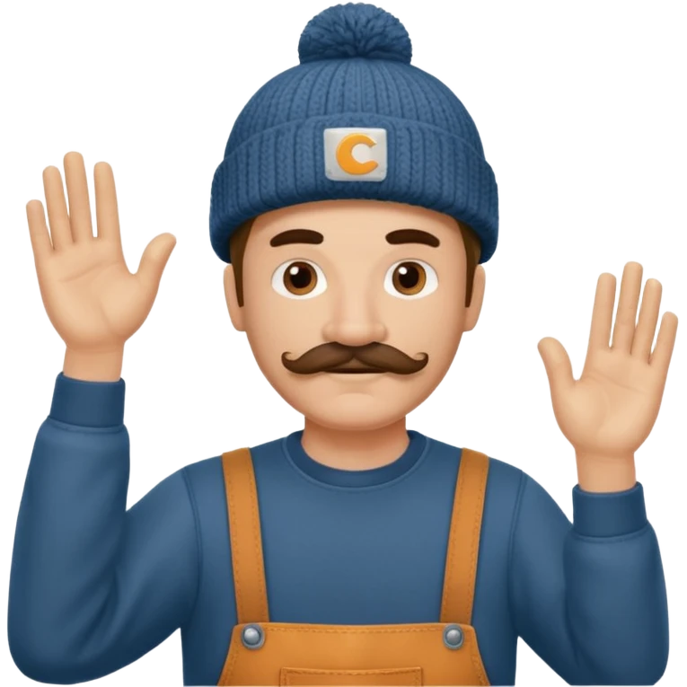 Woodworker thick mustache knit cap Carharttk shirt hand raised above head emoji