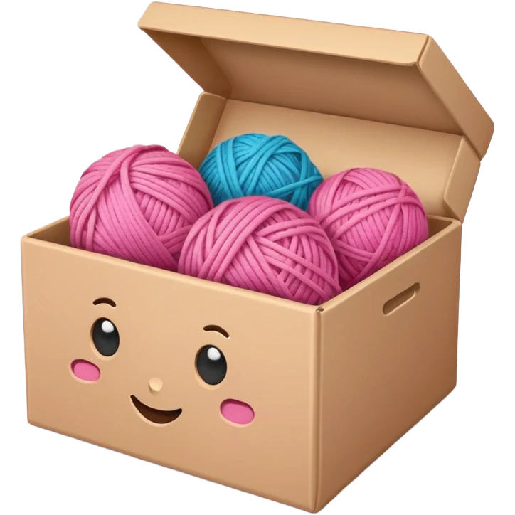 paper box with toys, ball of yarn, pink emoji