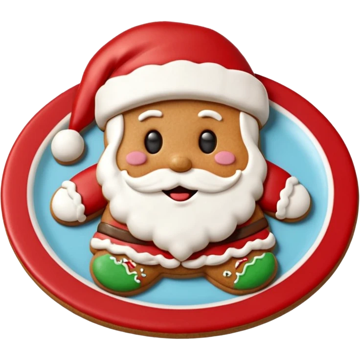 “A cute Christmas-themed Santa cookie, decorated with red and white icing, smiling face, sitting on a small plate, cartoon-style, vibrant colors, festive and cozy mood” emoji