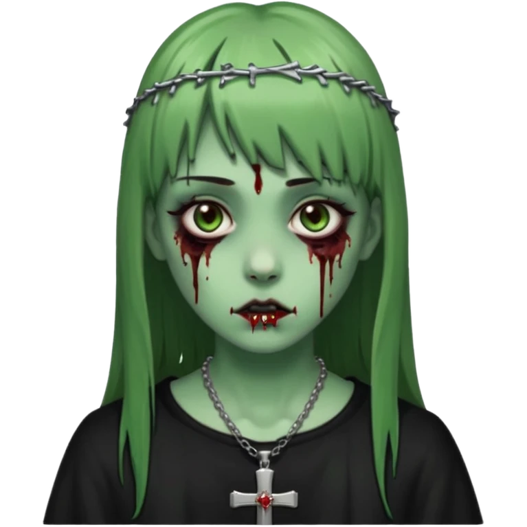 Zumbi verde com olhos castanhos aspecto de que tá sangrando, uma franja reta um piercing do lado esquerdo do nariz, roupa preta e crucifixo como colar, e também delineador emoji